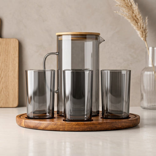 Modern Charcoal Tinted Glass Revolving Jug 8 Piece Set