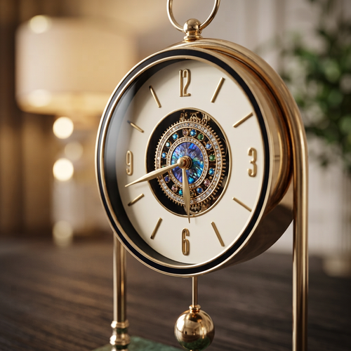 Modernist Gold Arched Desk Clock with Exposed Gear Dial