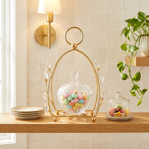 Crystal Glass Candy Bowl in Leaf Gold Cage