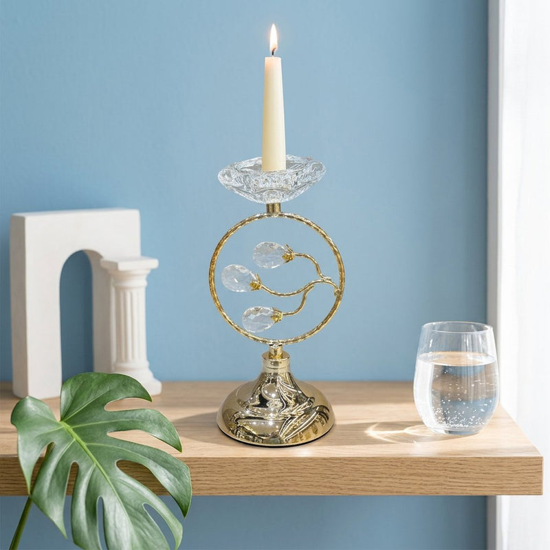 Regal Lotus Candle Holder with Circular Gem Accent