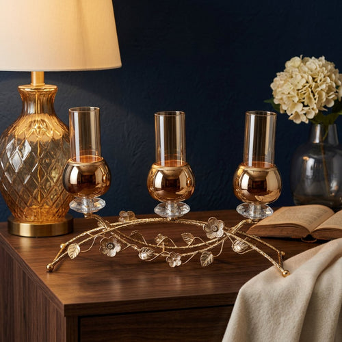 Gold Blossom Amber Glass 3 Piece Candle Holder