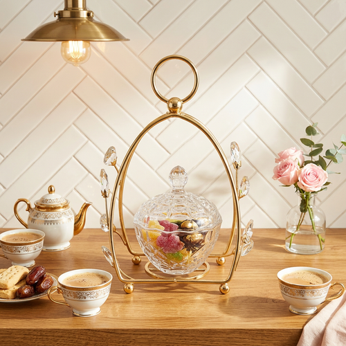 Crystal Glass Candy Jar in Gold Cage Frame