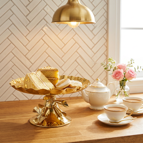 Gold Scalloped Pedestal Platter with Ginkgo Leaf Detail
