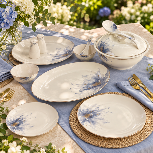Azure Blossom & Gold Soft Blue Floral Fine Dinner Set 39 Pcs