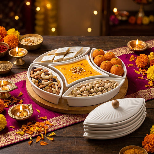 Elegant 5 Piece Covered Serving Set with Wooden Platter