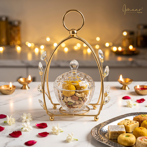 Crystal Glass Candy Bowl in Leaf Gold Cage