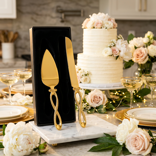 Gold Infinity Loop Cake Server & Knife Set 2 Piece
