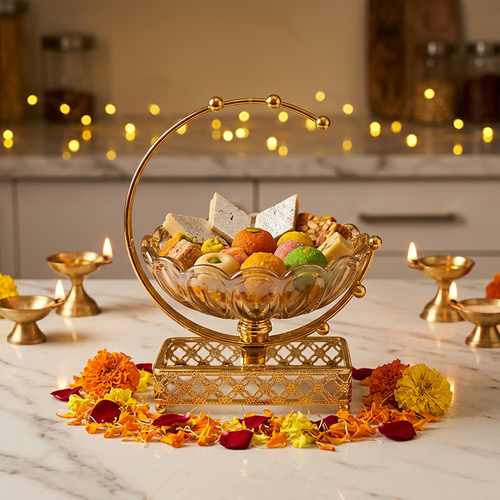 Amber Crystal Bowl on Gold Crescent Frame
