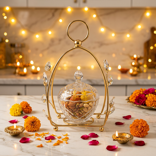 Crystal Glass Candy Jar in Gold Cage Frame