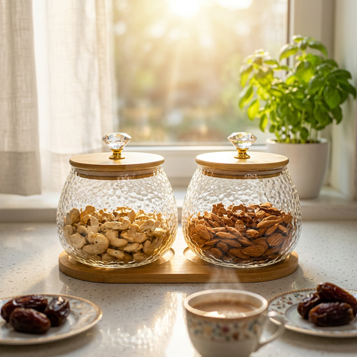 2 Piece Textured Glass Storage Jar Set with Tray 650 ml