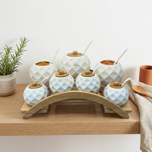 7-Piece Diamond-Textured Spice Jar Set with Wooden Arch Stand