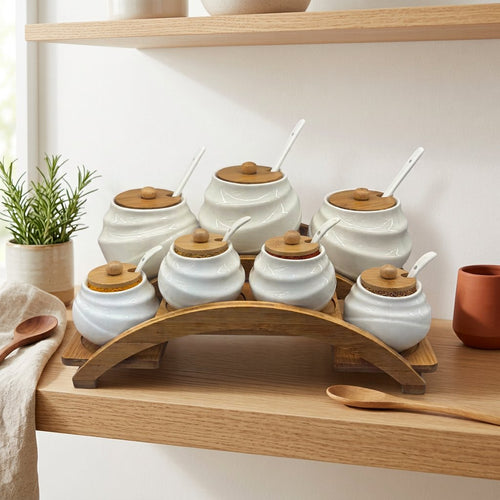 7-Piece Swirl-Textured Spice Jar Set with Wooden Arch Stand