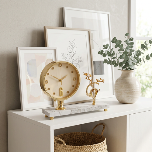 Gold Table Clock & Deer Figurine on Marble Base