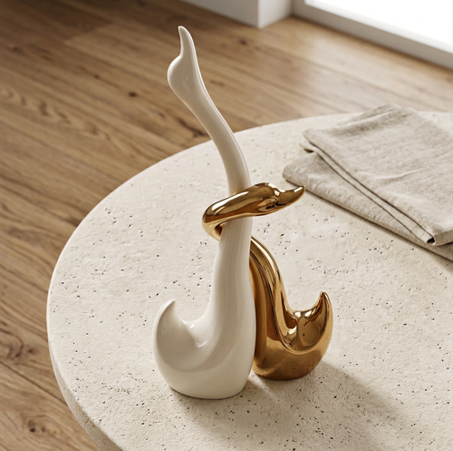 Embracing Swan Duo Sculpture in Ivory & Gold