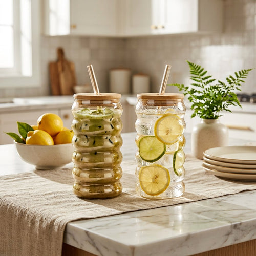 Elegant Glass Tumbler with Bamboo Lid & Glass Straw