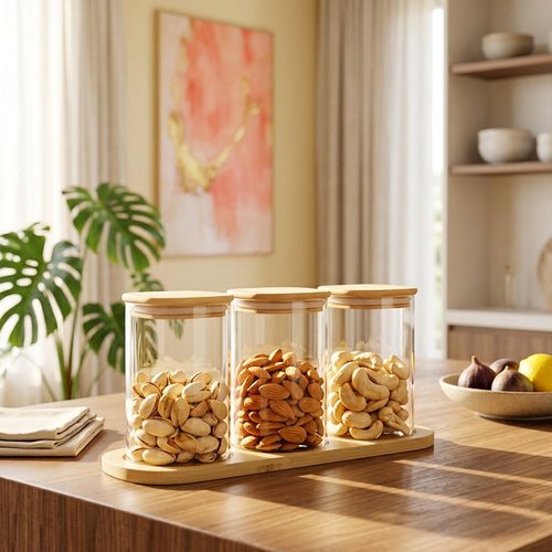 Minimalist Glass Jar Set with Natural Wooden Tray & Airtight Lids