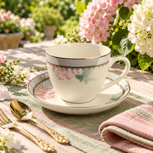 Blush Lotus & Silver Lattice Teacup & Saucer Set 12 Pcs