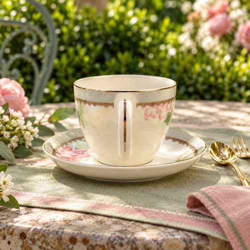 Blush Lotus & Silver Lattice Teacup & Saucer Set 12 Pcs