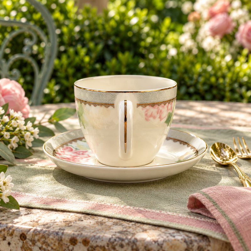 Blush Lotus & Silver Lattice Teacup & Saucer Set 12 Pcs
