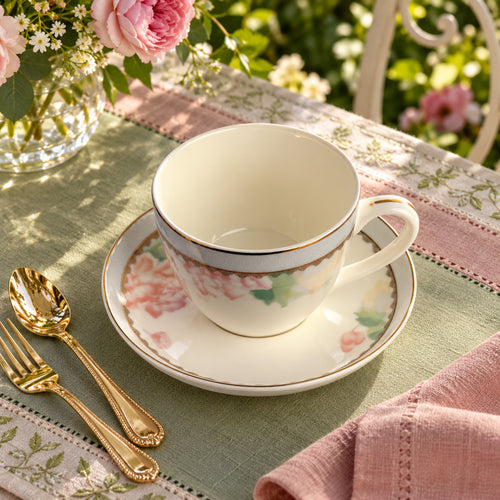 Blush Lotus & Silver Lattice Teacup & Saucer Set 12 Pcs