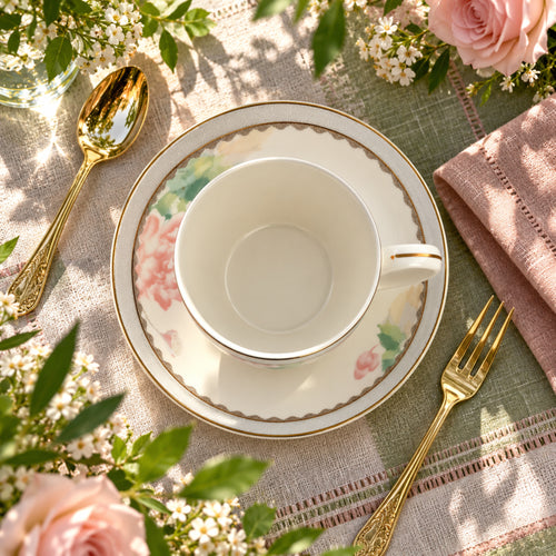 Blush Lotus & Silver Lattice Teacup & Saucer Set 12 Pcs