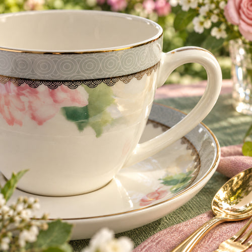 Blush Lotus & Silver Lattice Teacup & Saucer Set 12 Pcs