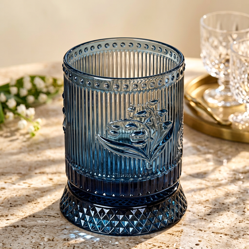 Luxury Blue Floral Embossed Rotating Glass (250 ML)
