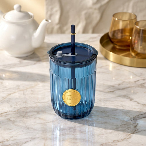 Modern Ribbed Blue Glass Tumbler with Straw (450 ML)
