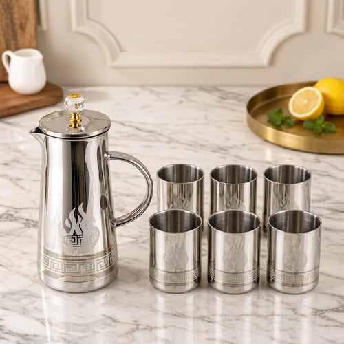 Modern Mirror Finish Pitcher and Glass 7 Piece Set