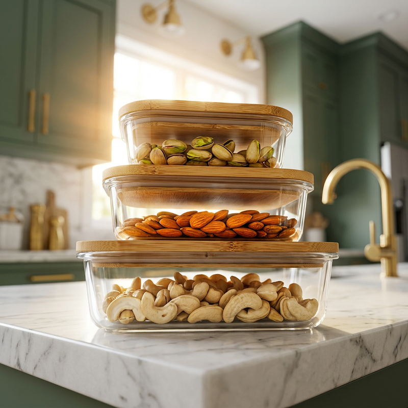 Modern Glass Storage Containers with Bamboo Lids Set of 3
