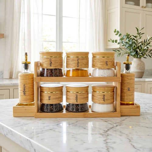 Wooden Glass Spice Jar Set with Rack 9 Piece