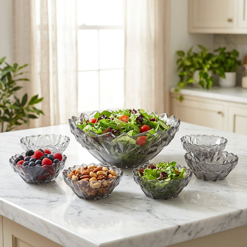 Smoky Crystal Glass Dessert Bowl Set 7 Piece