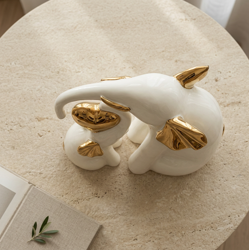 Elegant Gold Heart Motif & White Elephant Pair