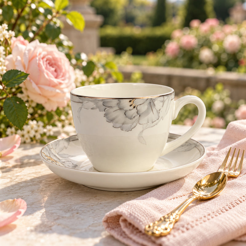 Ethereal Silver Bloom Fine Ceramic Teacup & Saucer Set 12 Pcs