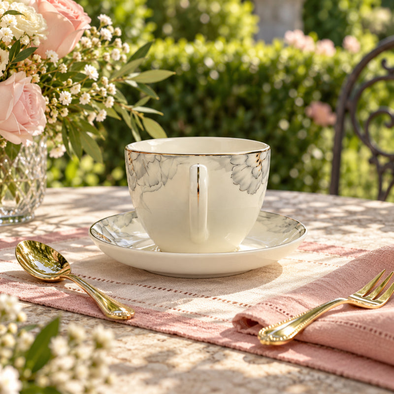 Ethereal Silver Bloom Fine Ceramic Teacup & Saucer Set 12 Pcs