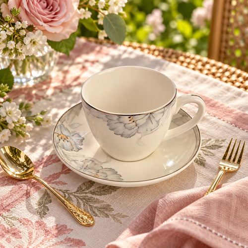 Ethereal Silver Bloom Fine Ceramic Teacup & Saucer Set 12 Pcs