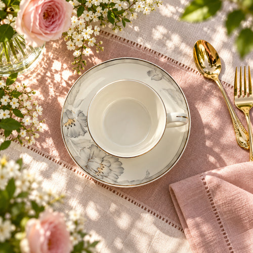 Ethereal Silver Bloom Fine Ceramic Teacup & Saucer Set 12 Pcs