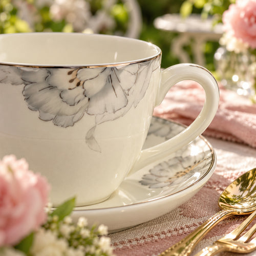 Ethereal Silver Bloom Fine Ceramic Teacup & Saucer Set 12 Pcs