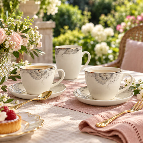 Ethereal Silver Bloom Fine Ceramic Teacup & Saucer Set 12 Pcs