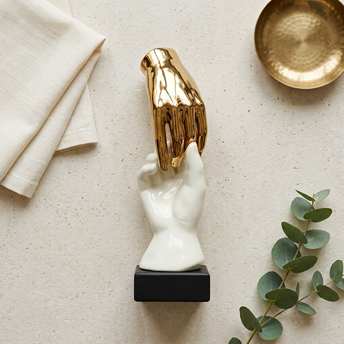 Vertical Touch Hands Sculpture in Ivory & Gold
