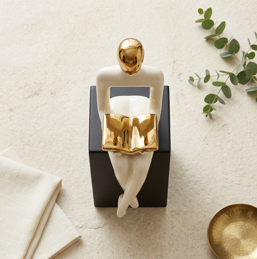 Seated Reader Sculpture in Ivory & Gold