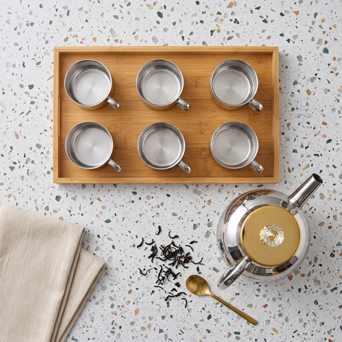 Modern Glass Mirror Finish Teapot and Cups Set with Tray  8 pcs