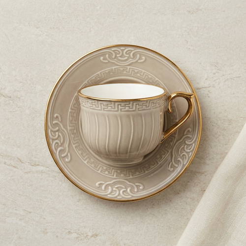 Fluted Greige Cup & Saucer Set of 12