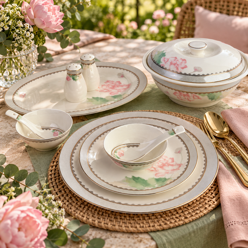 Blush Lotus & Silver Lattice Fine Dinner Set 39 Pcs