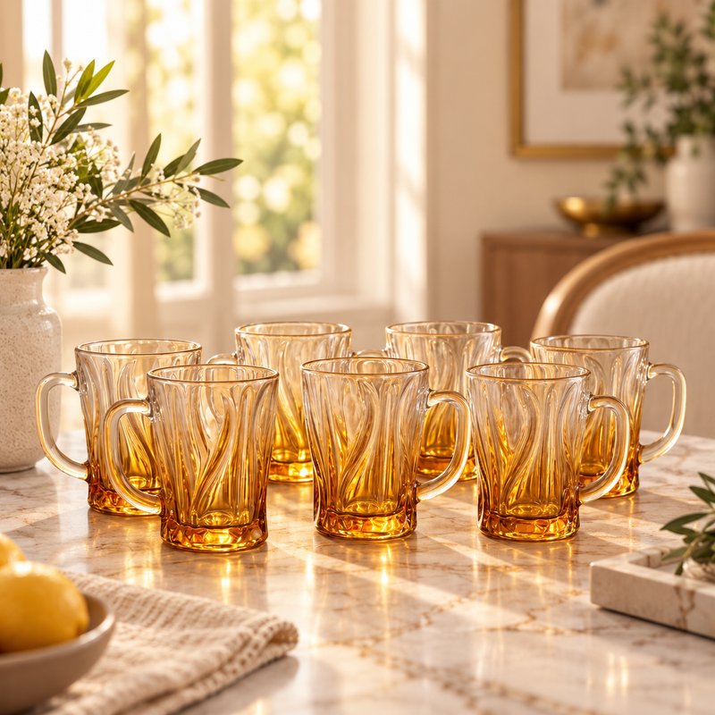 Golden Amber Wave-Textured Glass Set of 6