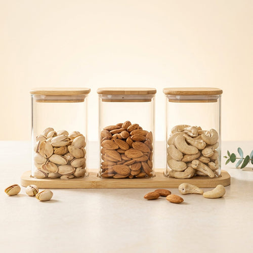 Minimalist Glass Jar Set with Natural Wooden Tray & Airtight Lids
