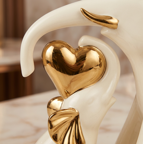 Elegant Gold Heart Motif & White Elephant Pair
