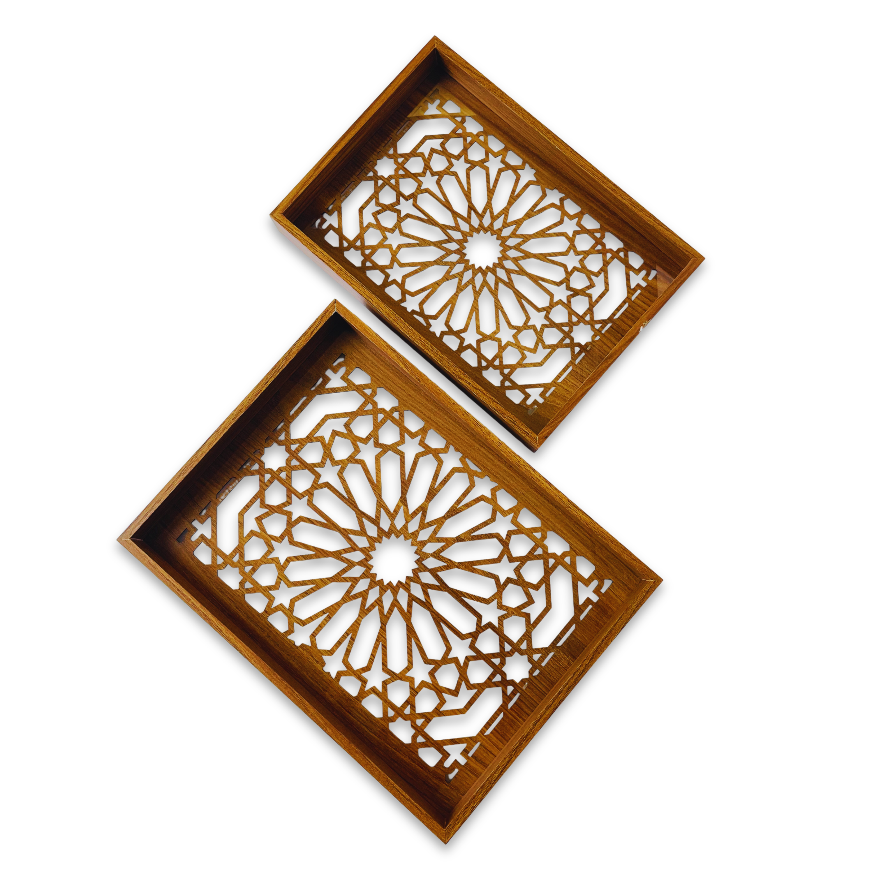Wooden Serving Tray Set with Intricate Laser-Cut Floral Design