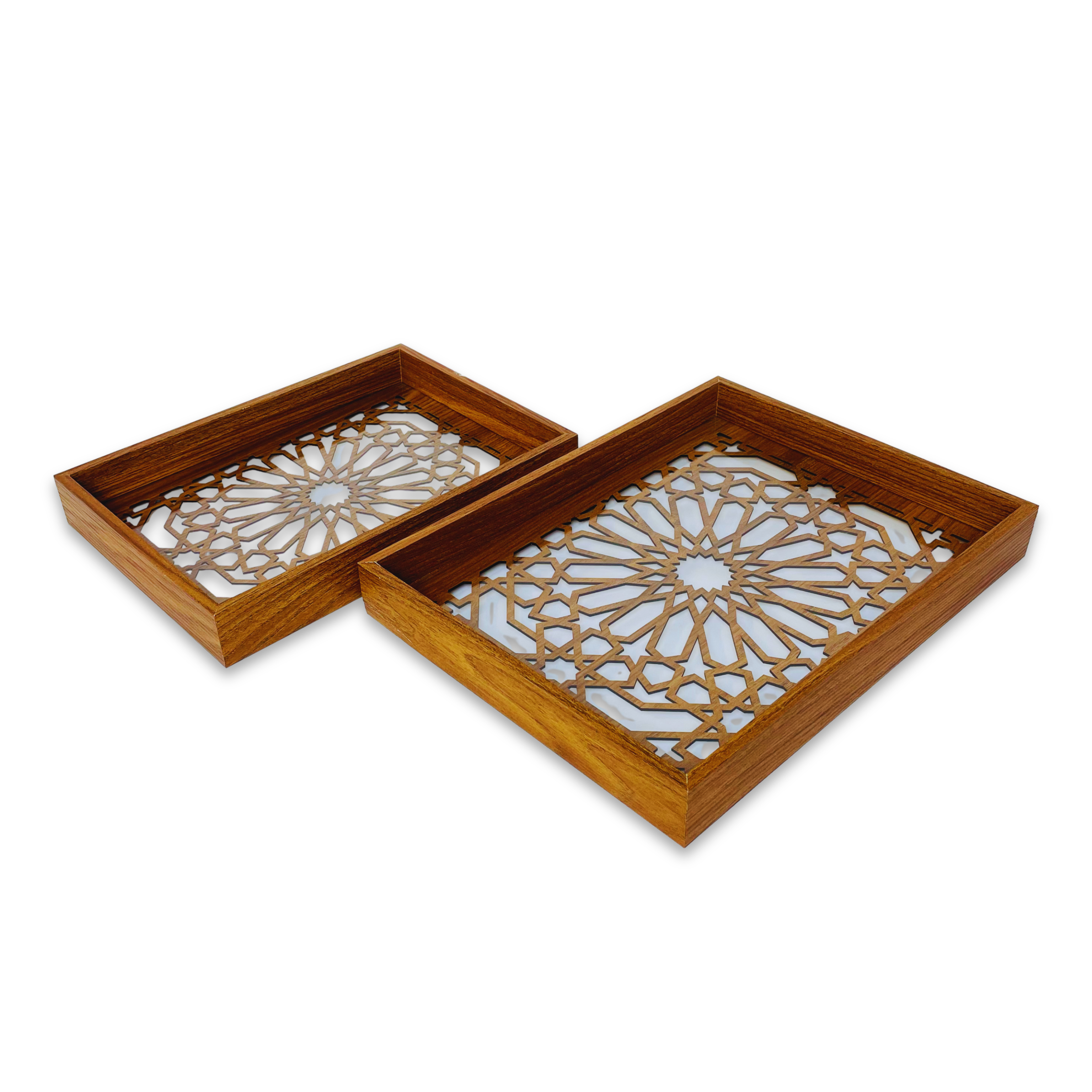 Wooden Serving Tray Set with Intricate Laser-Cut Floral Design