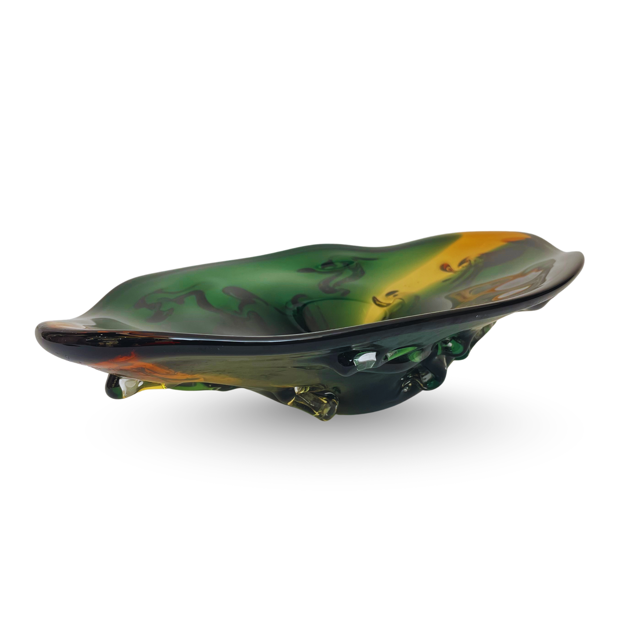 Forest Green & Amber Artistic Glass Centerpiece Bowl